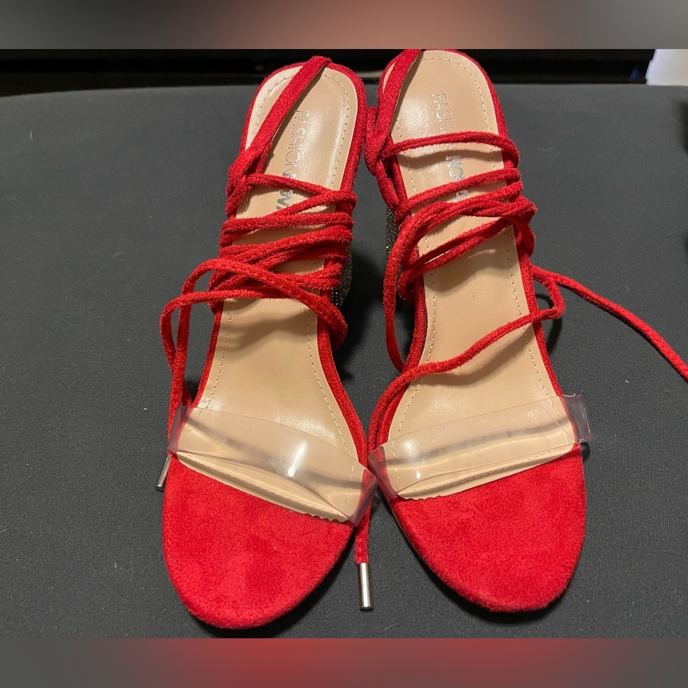 Red Fashion Nova lace up rhinestone heels